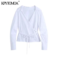 kpytomoa women 2021 fashion with tied crossover white blouses vintage long pleated sleeve female shirts blusas chic tops