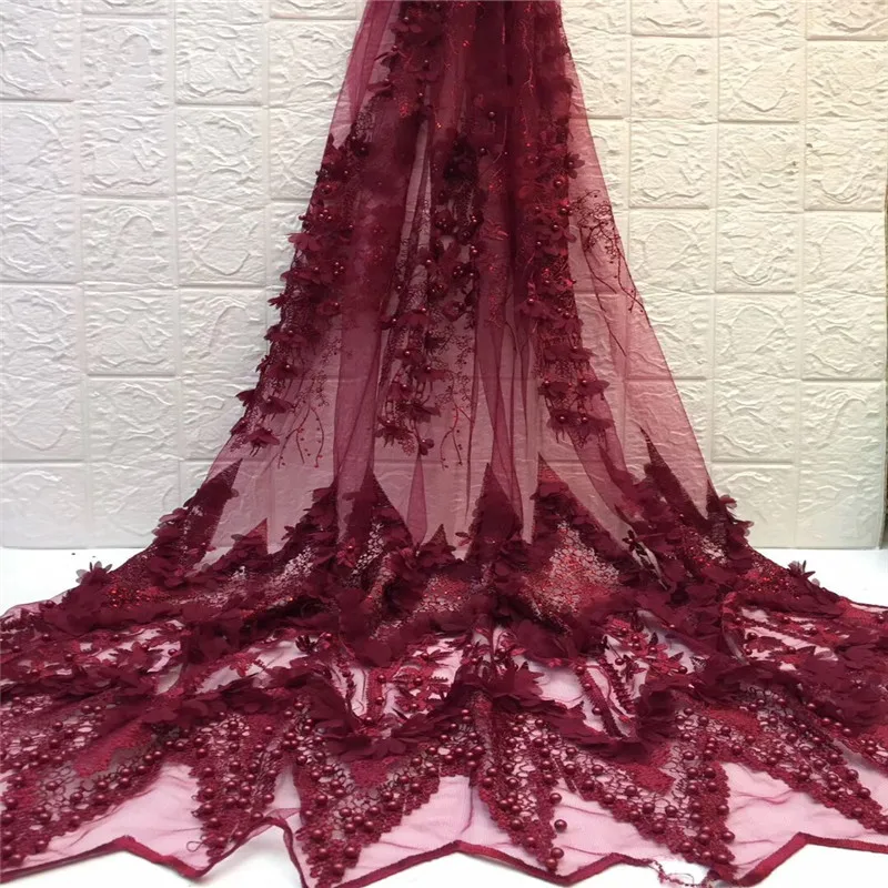 2019 красная Высококачественная нигерийская Тюлевая кружевная ткань 3D цветок