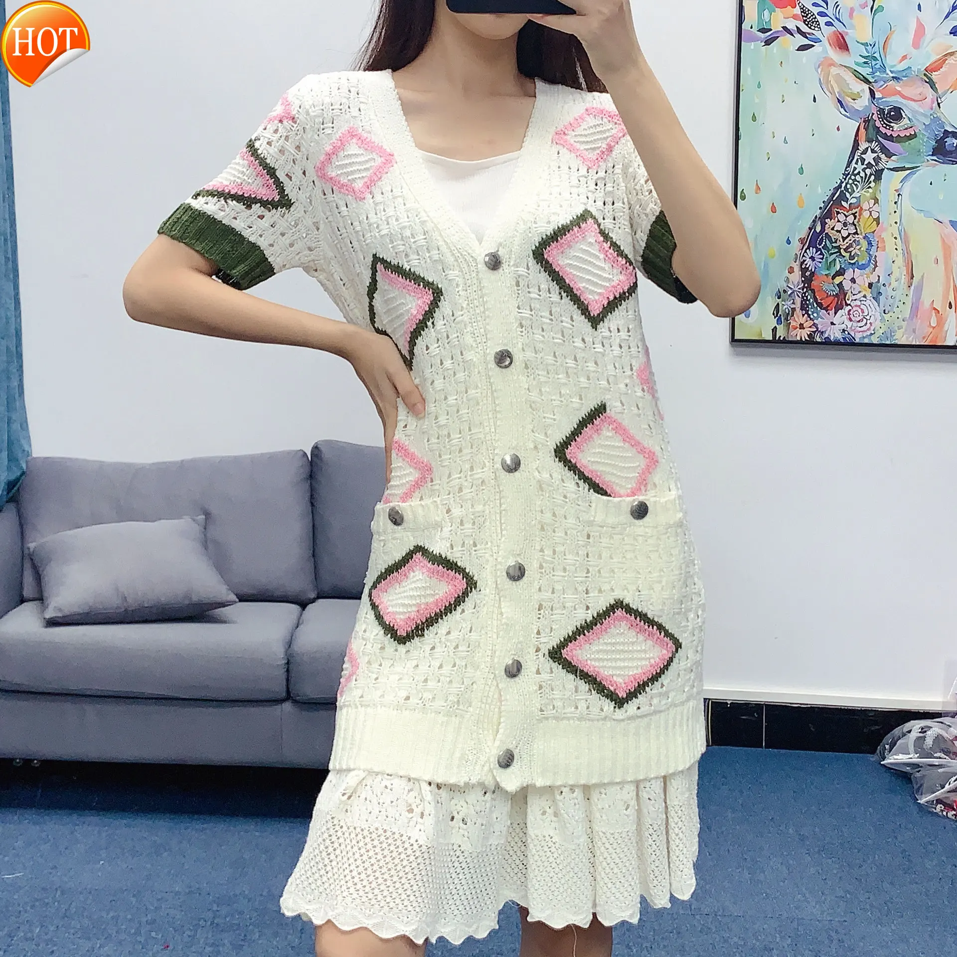 

Вязаный кардиган с коротким рукавом, V-образным вырезом и геометрическим узором, на крючках, с цветочным принтом, весна-лето 2020