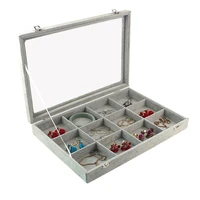 gray velvet 12 grids carry case with glass lid jewelry ring display stand storage box holder organizer ring earrings