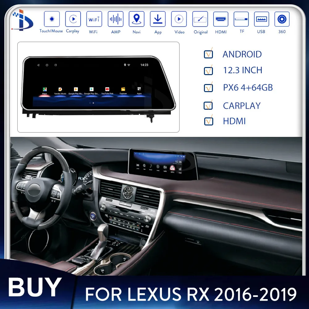 

Автомобильный радиоприемник для Lexus RX 2016, 2017, 2018, 2019, 12,3 дюймов, Android, стерео, Мультимедийный, Wi-Fi, BT, автомобильный GPS-навигатор, прибор для поис...