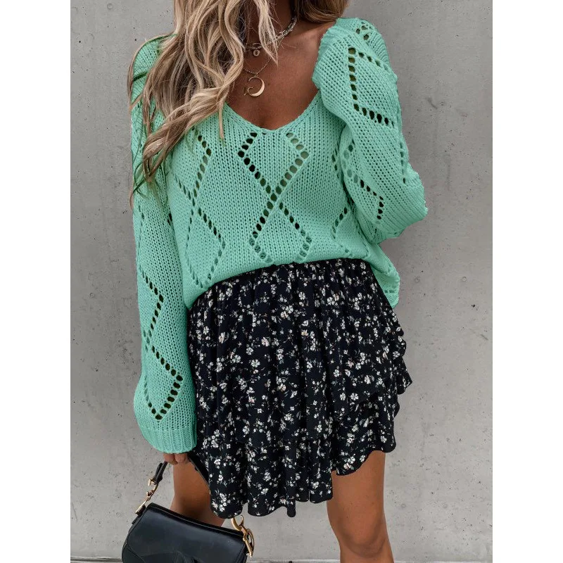 

Donsignet Fashion Women's Sweater New Foreign All-match Knit Sweater Long-sleeved Solid Color V-neck Hollow Knit Sweaters Women