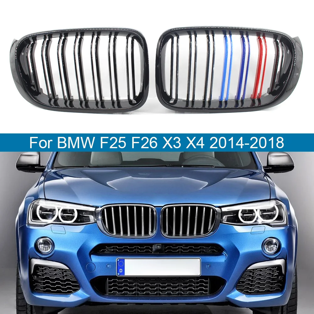 

1 Pair Car Front Bumper Kidney Grilles Grill Glossy Black Double Line Sport M Style Replacement For BMW F25 F26 X3 X4 2014-2018