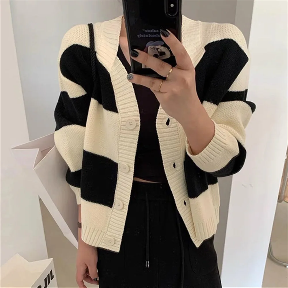 

Женский свитер на пуговицах, полосатый кардиган с длинным рукавом, Повседневная модная женская одежда для свиданий, Осень-зима 2021, женская о...