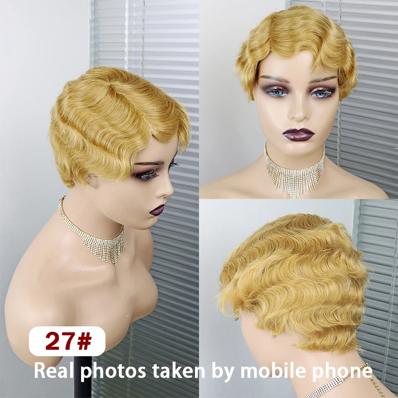 Finger Wave Wigs Cheap Brazilian Short Pixie Cut Human Hair Wig 613 Blonde Machine Made | Шиньоны и парики