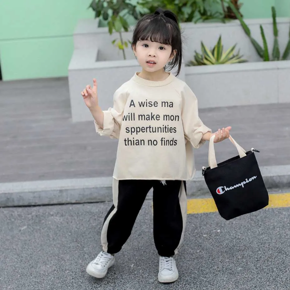 Новинка детская одежда футболка с буквенным принтом + штаны 2 шт. для девочек