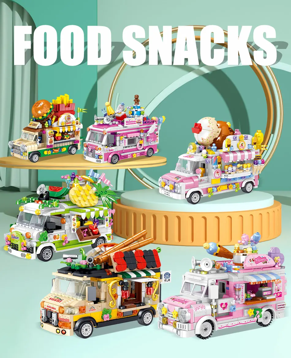 

BZDA Girl Mini Food Truck Bricks Ice Cream Shop Burger Shop City Street View Building Blocks Kids Educational Toys For Children