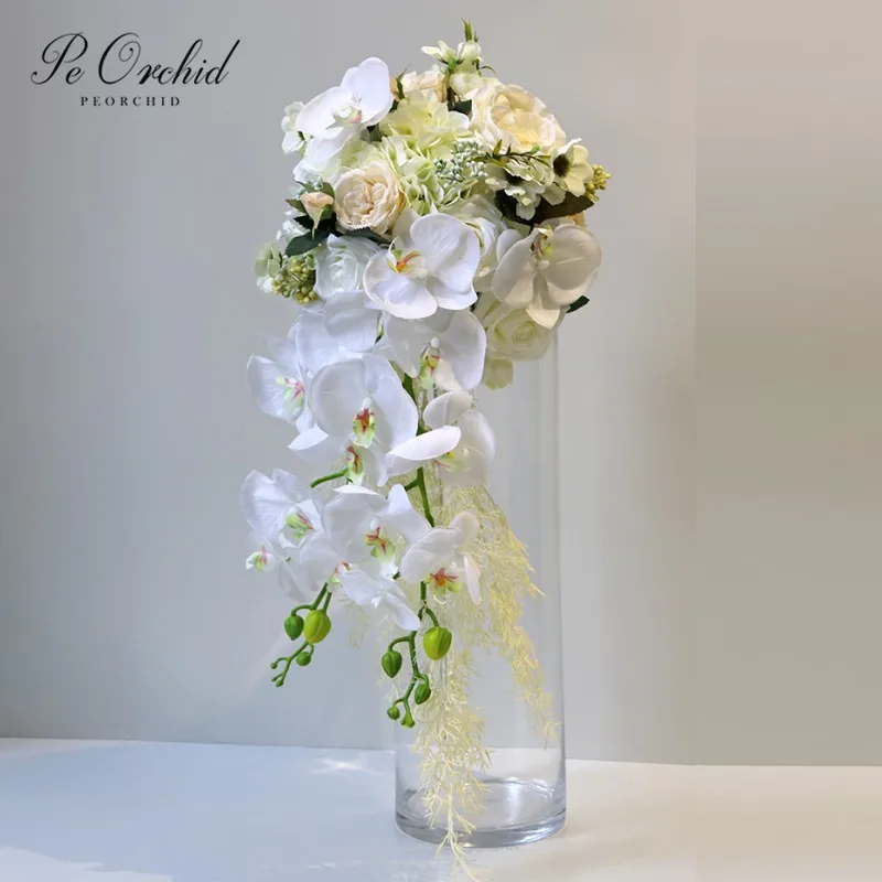 

PEORCHID Vintage Waterfall Wedding flowers Bridal Bouquets Luxurious Artificial Peony Rose White Cascading Fake flowers Bouquet