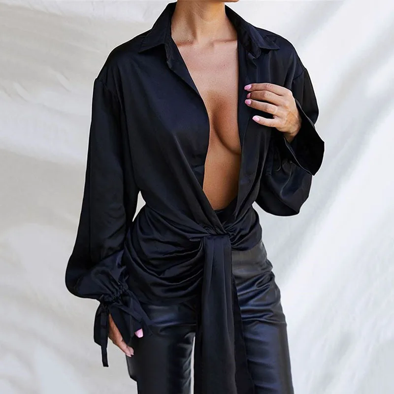 

Angels Black V-Neck Button Sexy Blouse Shirt Women Lace Up Loose Tops 2021 Spring Female Y2K Long Sleeve Shirts Tee AG30905