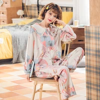 spring and autumn fashion ladies pure cotton knitted pajamas suit simple big flower doll collar home service women long sleeves