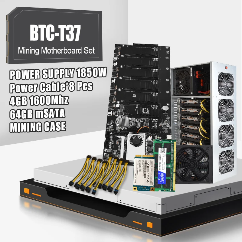 Verkauf EIN Set Bergbau Motherboard BTC-T37 8 GPU Chassis Mit DDR3 4GB 1600MHz 64GB MSATA Power Kabel * 8 Pcs Und ATX Power 1850W Chassis