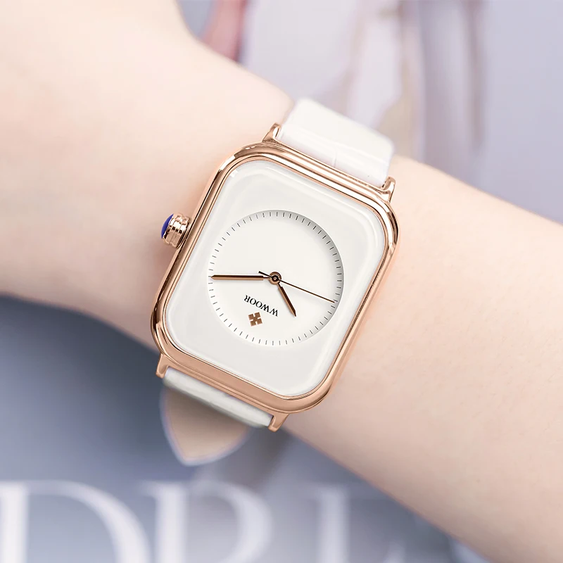 Women Fashion Square Watches WWOOR Brand Ladies Quartz Wristwatch Simple White Leather Band Dress Waterproof Watches Reloj Mujer