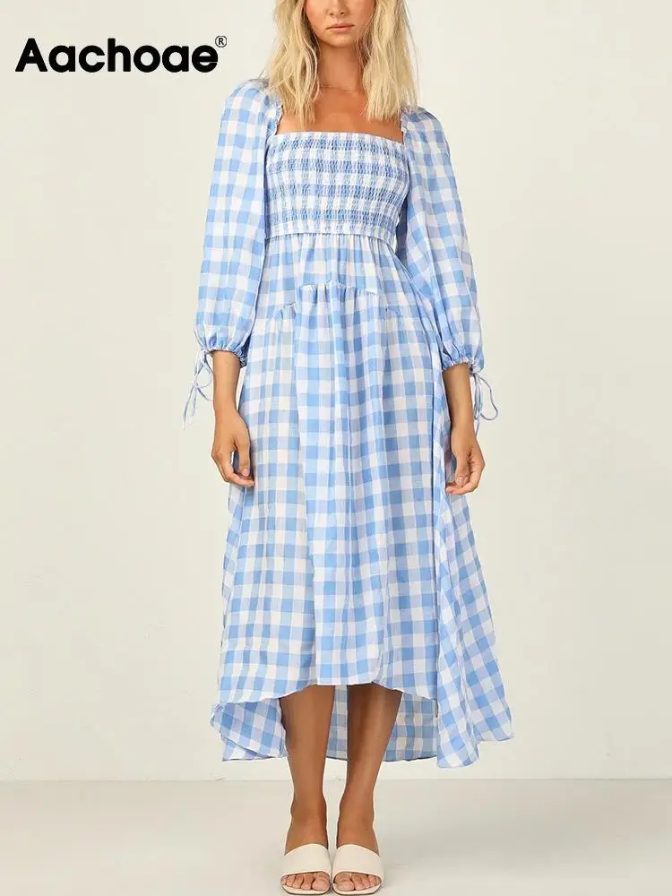 

Женское повседневное клетчатое платье Aachaoe с принтом, модное платье с квадратным воротником и длинными рукавами-фонариками, женские платья ...