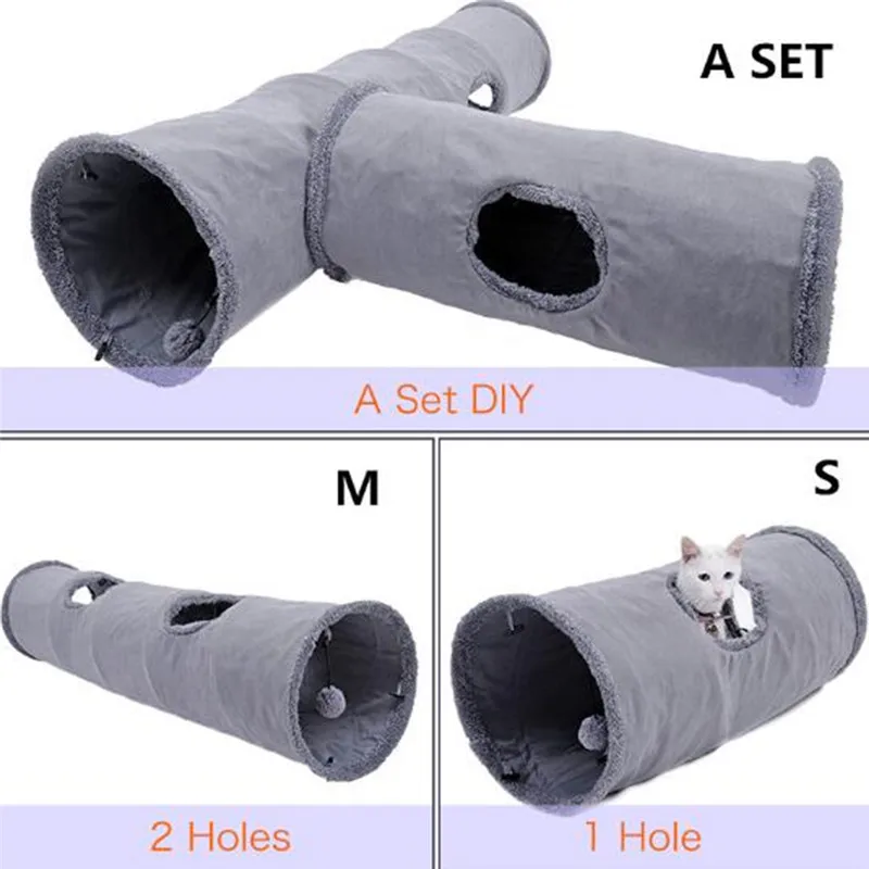 

Collapsible Cat Tunnel Kitten Play Hide Tube With Ball For Large Cats Dogs Funny Cat Toys Suede 2 Holes Tunnel Pet Toys
