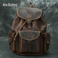 retro crazy horse leather mens backpacks big capacity cowhide 14 inch laptop computer backpack high school book bag for boys