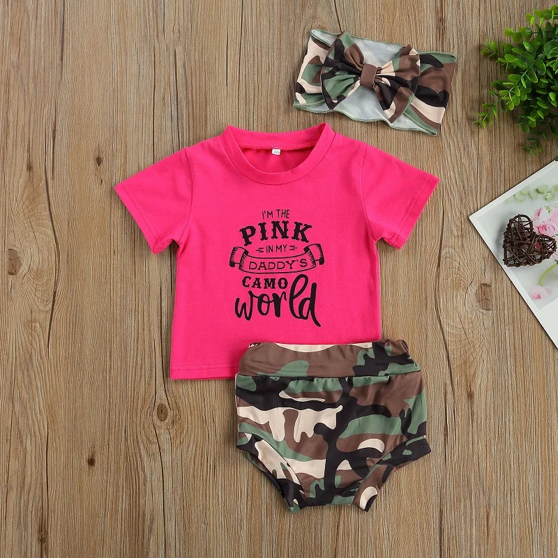 

3 Pieces Kids Girl Clothes Set Letter Print Round Neck Short Sleeve Tops+ Camouflage Print Shorts+ Headband for Summer