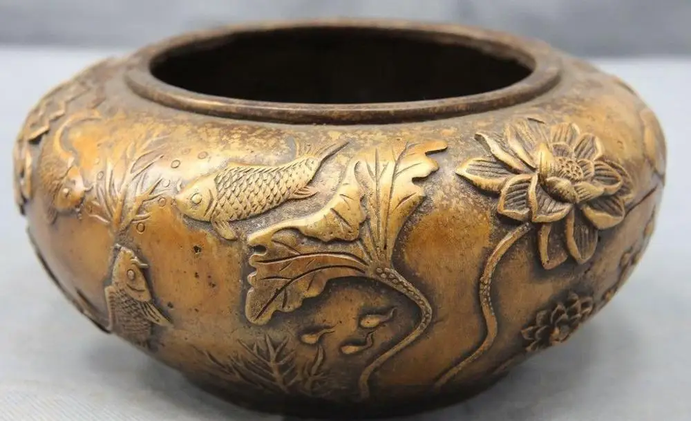 

Китайский дворец бронзовая медная статуя рыба карп чайник "Лотос" Tadpole Tank Crock Pot