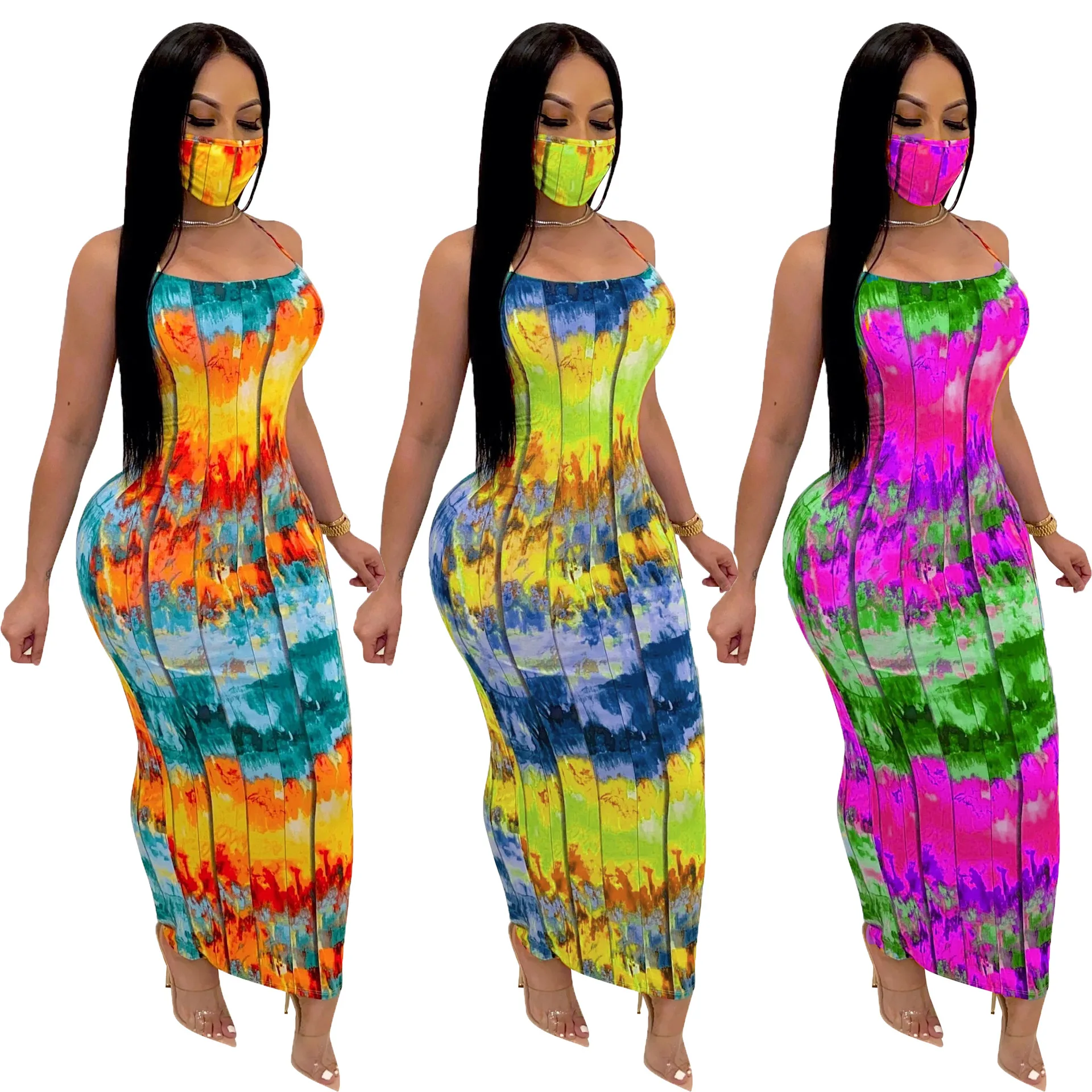 

Tie-Dye Print Bandage Dress Backless Club Dress Sleeveless Maxi Dresses for Women with Mask 2021 Summer Backless Long Dresses