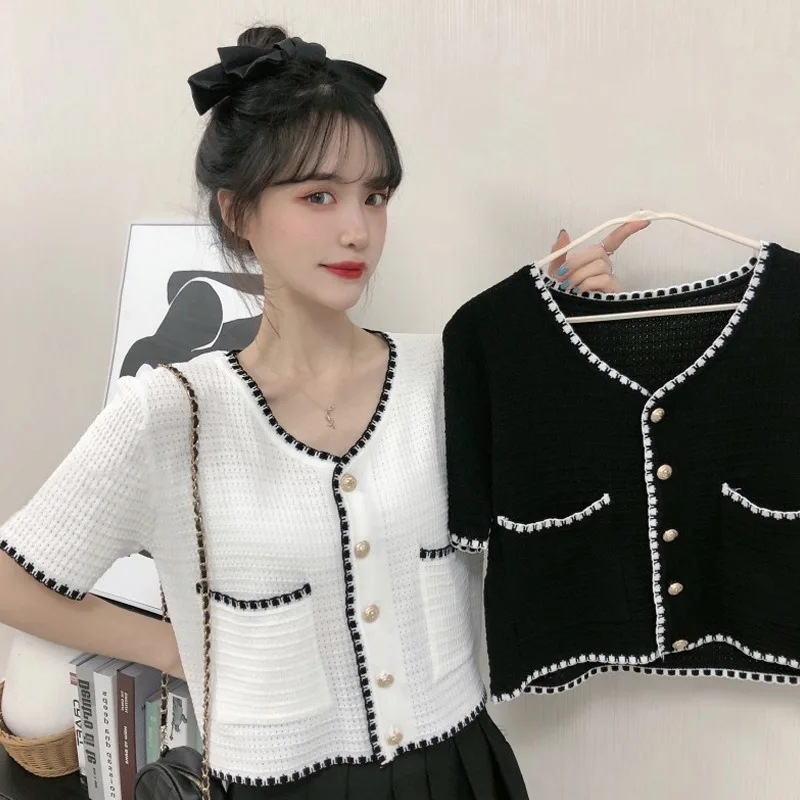 

2021 New White Small Fragrant Wind Blouse Women's High-Waist Short Outer Ice Silk Knitted Cardigan Thin Short-Sleeved Jacket