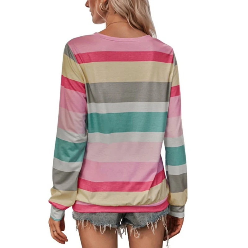 

Women Long Sleeve O-Neck T-Shirt Multicolor Rainbow Stripes Loose Pullover Tops