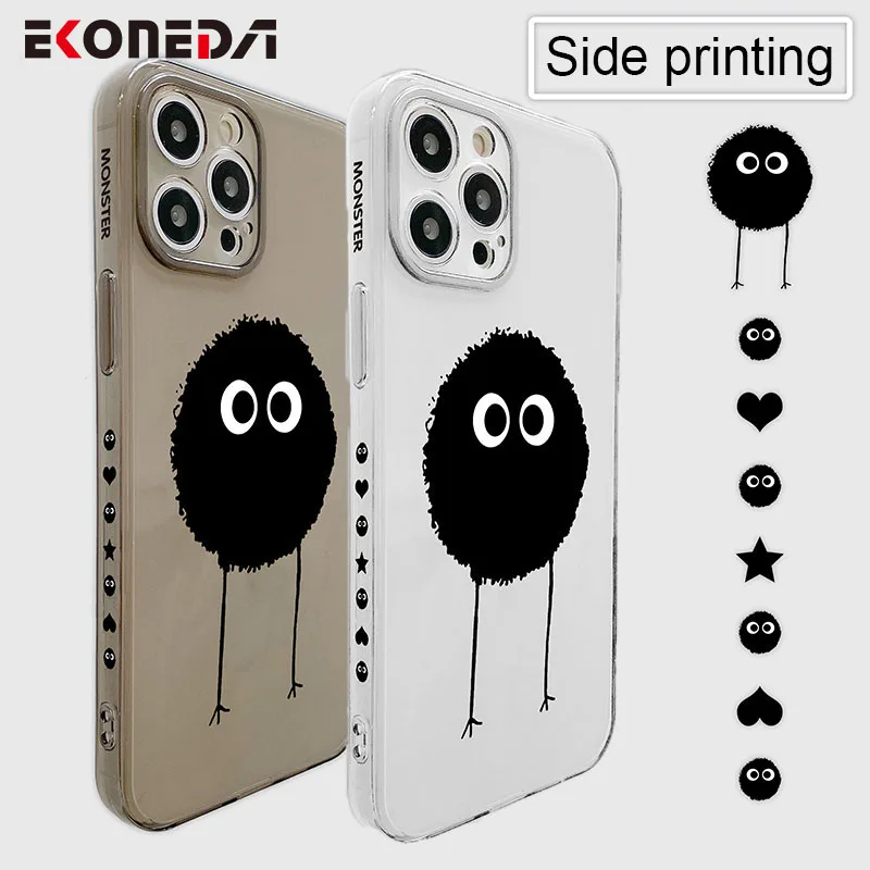 

EKONEDA Cartoon Black Monster Case For iPhone 12 11 Pro XS Max XR X 7 8 Plus Case Silicone Side Printing Protective Back Cover