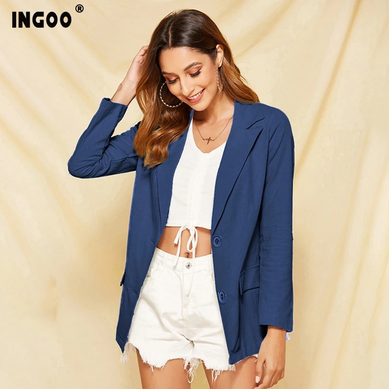 INGOO синие женские длинные блейзеры повседневные Элегантные рабочие однотонные