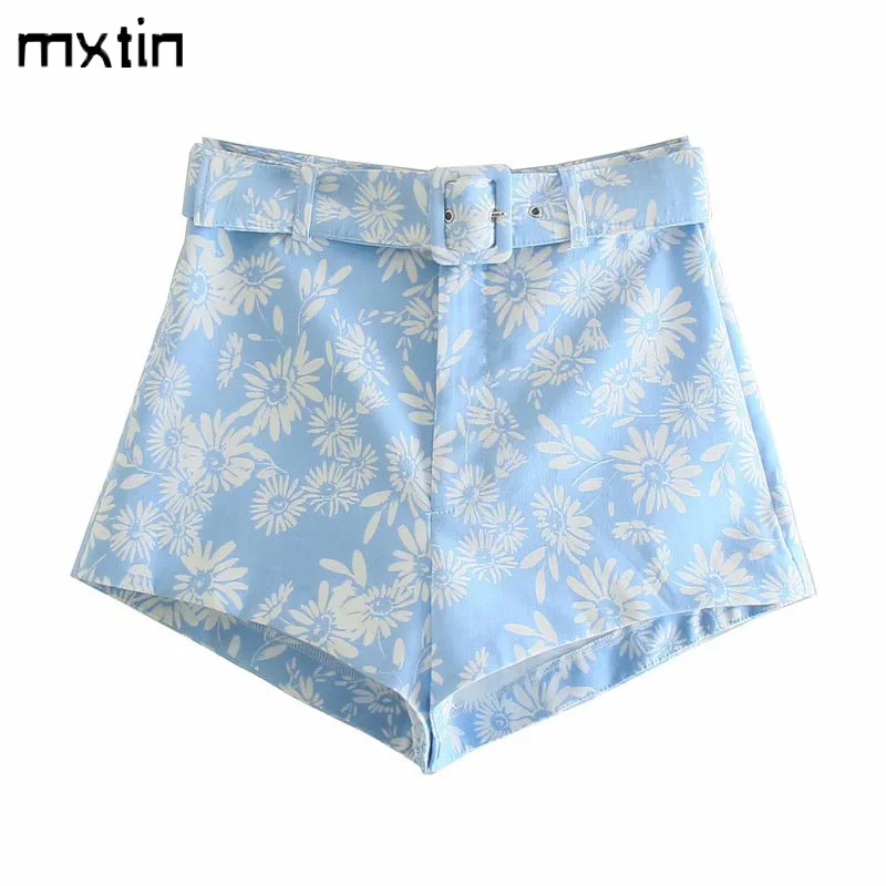 

MXTIN 2021 Women Summer Fashion Floral Print Belted Shorts Vintage High Waist Zipper Female Casual Streetwear Short Pants Mujer