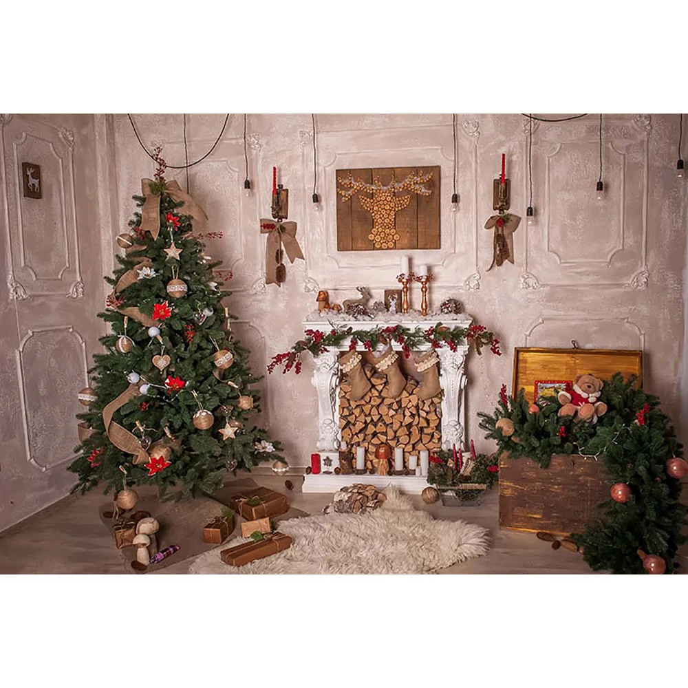 Christmas Backdrop for Photography Winter Family Party Fireplace Socks Brick Wall Photo Background Bell Tree Photocall | Электроника