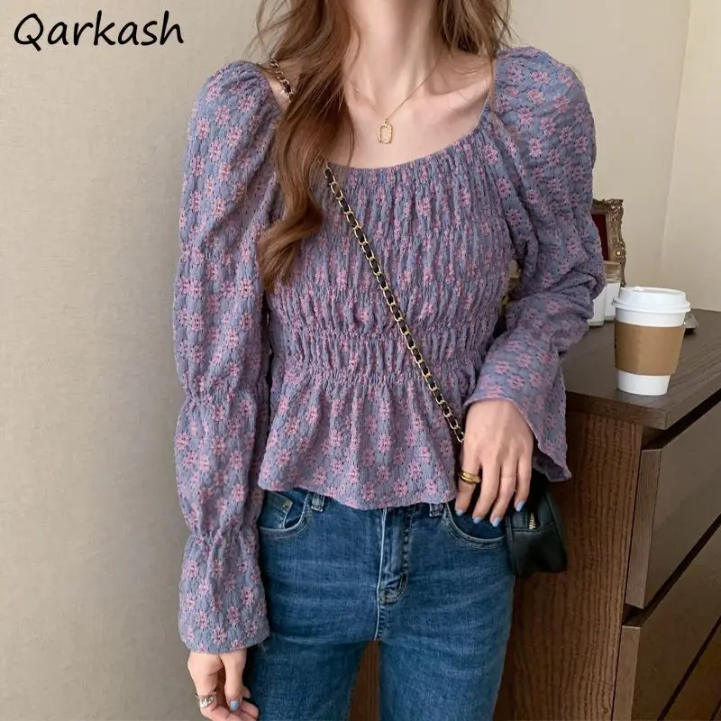 

Blouses Women Print Long Princess Sleeve Chiffon Square Collar Spring Leisure Korean Style Elegant Gentle Female Tops All-match