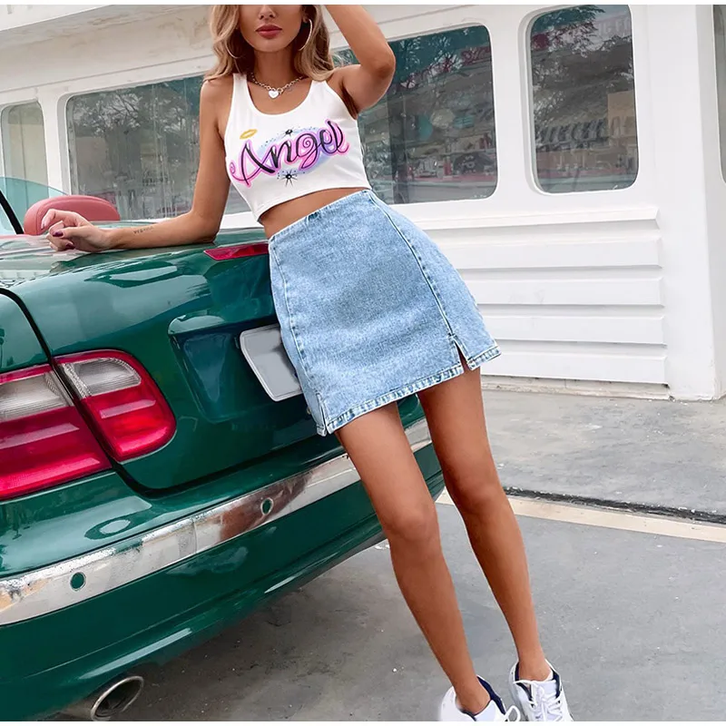 

Sexy Denim Mini Skirt Women High Waist Split Solid Skirts for Girls All-match Simple Casual 2021 Summer Fashion Ladies Bottom