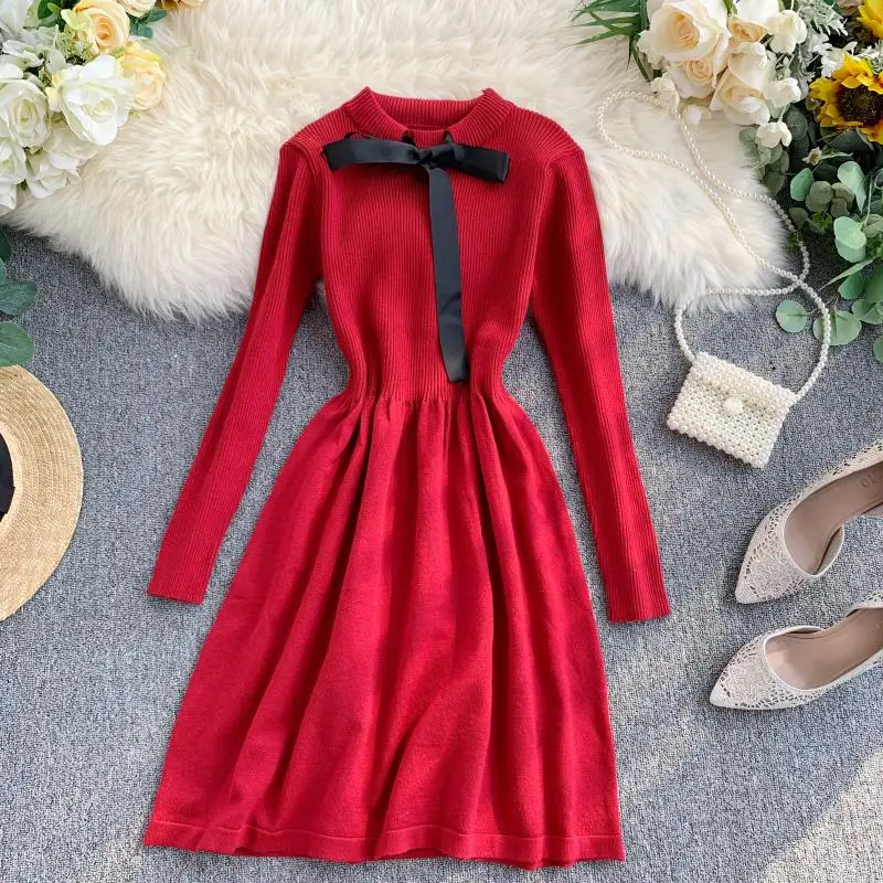 ALPHALMODA осеннее трикотажное платье с длинными рукавами и галстуком-бабочкой, милое женское платье с тонкой талией в консервативном стиле, трикотажное платье