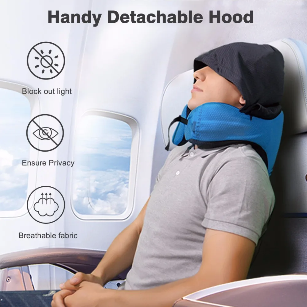 Almohada de cuello 6 en 1 de espuma viscoelástica para viajes, cojín elástico de larga distancia con capucha desmontable, bolsillo lateral ajustable, avión