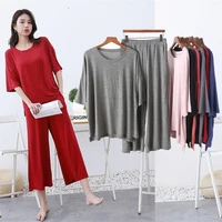 2 piece set 95 cotton soft homewear for women solid loose pajamas short sleeve t shirt and pants summer home clothes for female