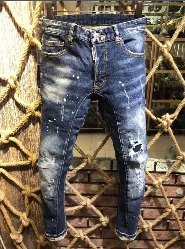 

Fashion Trend Dsquared2 Patch Washing Distressed Hole Paint Spot Micro-elastic Slim Men's Jeans A206