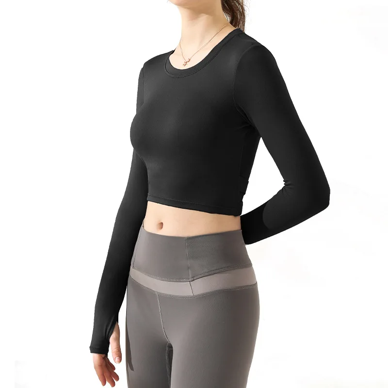 

Back Cross Hollow Out Long Sleeve Thumbholes Yoga Shirts Removable Pad Female Yoga T-Shirts Outdoor Running Quick dry T Shirt