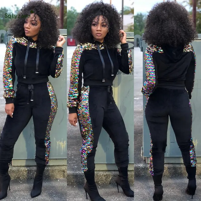 Autumn Winter Velvet Sequins Two Piece Tracksuit Women Long Sleeve Hooded Sweatshirt Top Jogger Pants Velour Matching Outfit | Женская