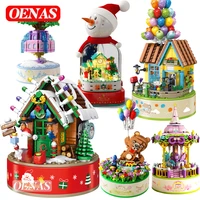 city friends carousel flying bear snowman christmas balloon house rotating music box building blocks toy for girls birthday gift