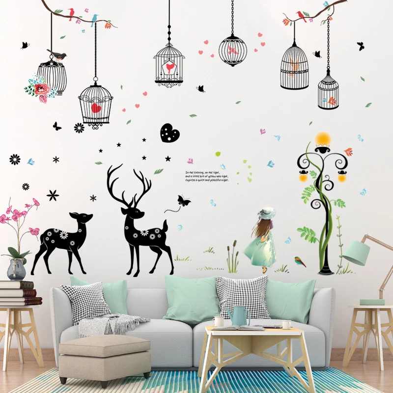 % Новая Настенная Наклейка уличная лампа девушка птичья клетка любовь Лось