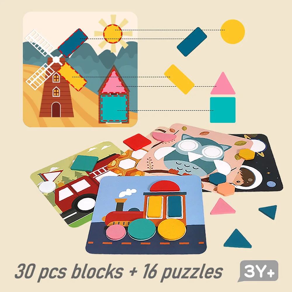 

Montessori 3D Cartoon Geometric Shapes Pairing Puzzle Wooden Intellectual Early Educational Hand Grab Tangram Jigsaw Toy For Kid