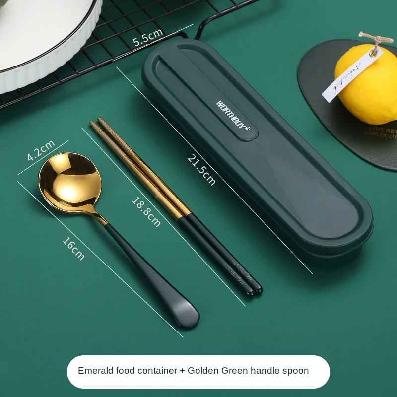

304 Stainless Steel Chopsticks Spoon Cute Portable Tableware Three-Piece Suit Single Student Outdoor Storage Cutlery Box