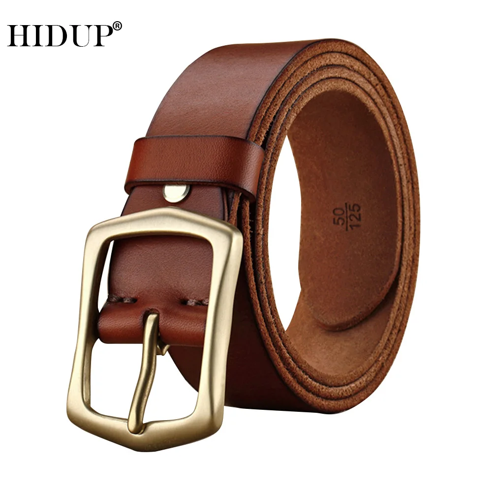 HIDUP Top Quality 100% Pure Cowhide Belt Brass Pin Buckle Metal Genuine Leather Belts Men Casual Styles Jean Accessories NWJ1006