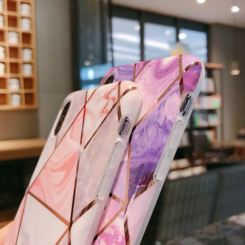 Geometric Marble Diamond Phone Case for iPhone XR X 10 XS Max 6 6S 7 8Plus 11 Plating Strip Soft Silicone Cover Coque |