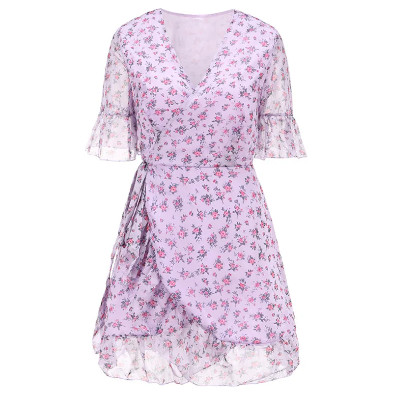 

XUXI Women Short Skirt, Summer Camping Sleeve, Sexy Mini Skirt And Lilac Print, Women's Neckline, 2021, E360