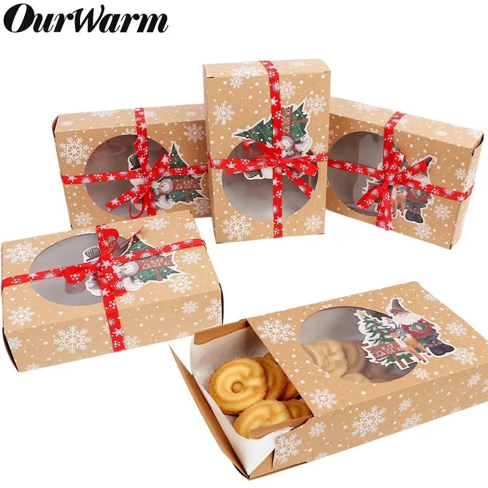 Рождественские коробки для печенья из крафт пластика OurWarm 6 шт. с маслобумагой и