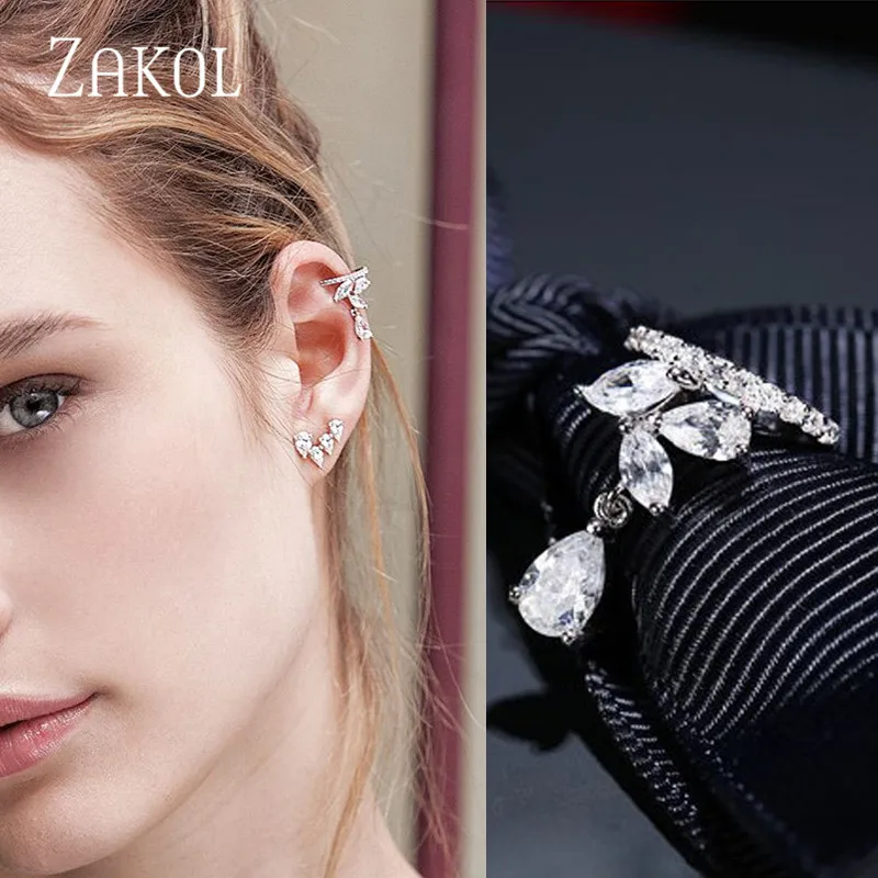ZAKOL красивые серьги с клипсой из фианита ААА модные манжеты в виде листиков