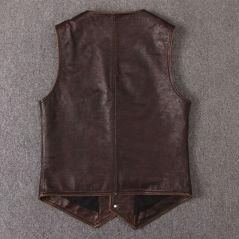 2020 Vintage Brown Men American Casual Style Leather Vest Plus Size XXXL Genuine Cowhide Spring Short Natural FREE SHIPPING | Мужская