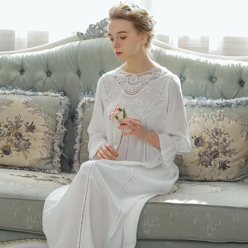 

Women's Vintage Gothic Victorian Night Dress White Cotton Flare Sleeve V Neck Lace Embellished Ruffle Hem Autumn Long Nightgown