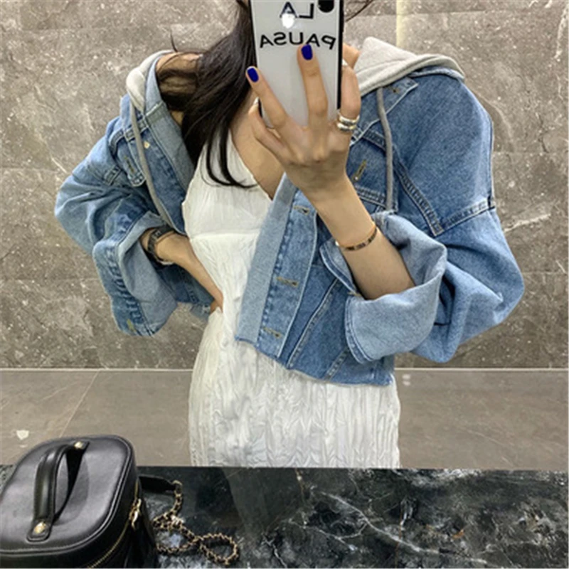 Новинка женские короткие джинсовые куртки Осенний ретро свитер из двух частей с