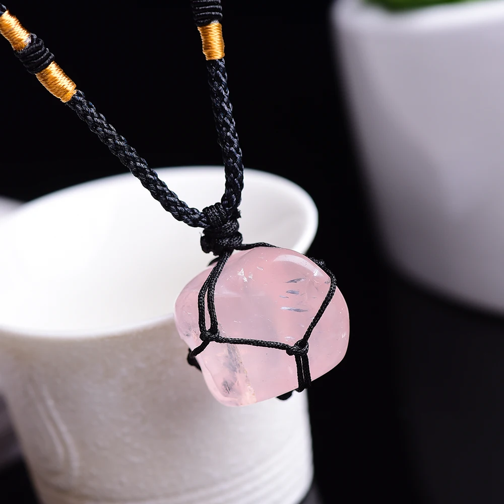 Оптовая продажа ручная плетеная сетка карманные подвески из розового кварца для