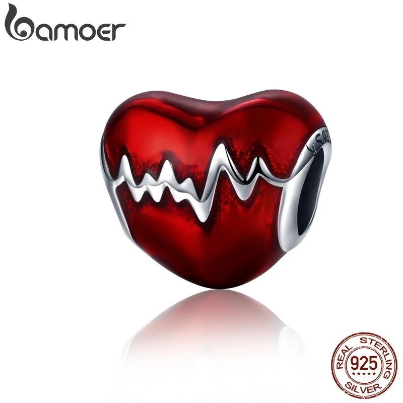 

BAMOER New Arrival 100% 925 Sterling Silver Love Heart ECG & Red Enamel Beads fit Charm Bracelets for Women Jewelry Gift SCC249